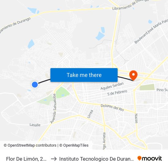 Flor De Limón, 222 to Instituto Tecnologico De Durango map
