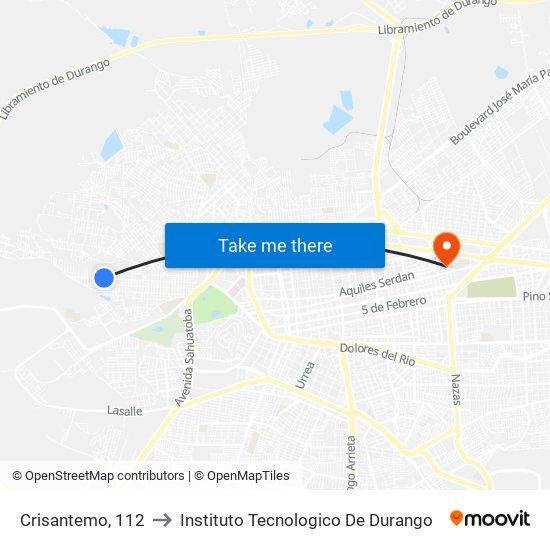 Crisantemo, 112 to Instituto Tecnologico De Durango map