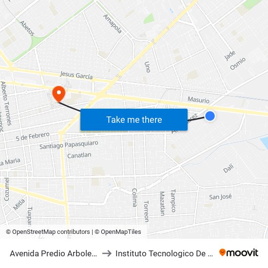 Avenida Predio Arboleda, 109 to Instituto Tecnologico De Durango map