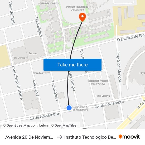 Avenida 20 De Noviembre, 1701 to Instituto Tecnologico De Durango map