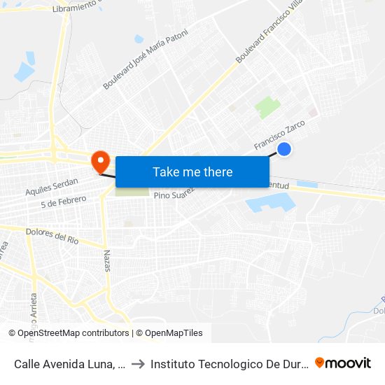 Calle Avenida Luna, 118 to Instituto Tecnologico De Durango map