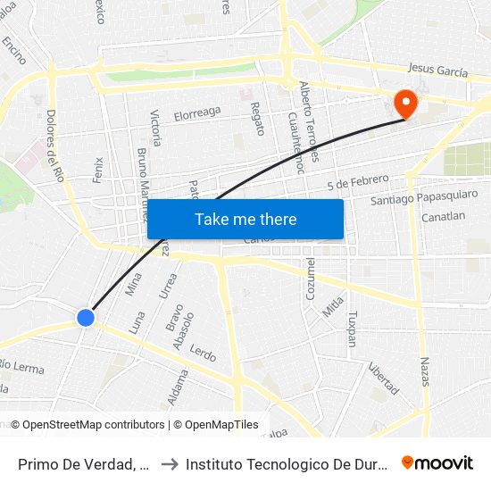 Primo De Verdad, 108 to Instituto Tecnologico De Durango map