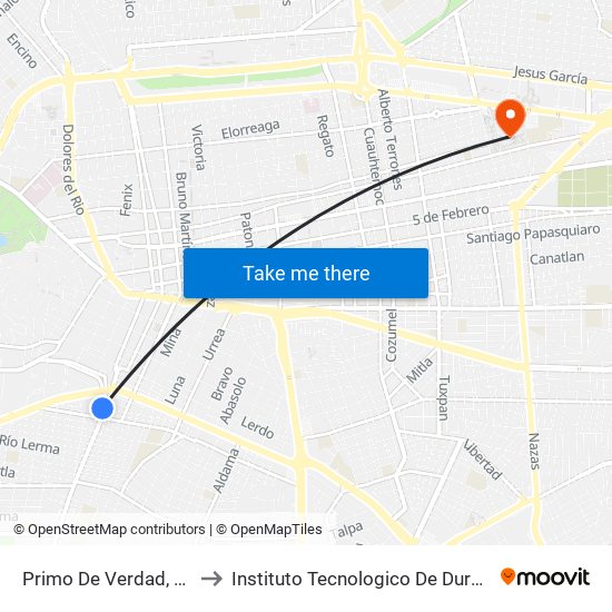 Primo De Verdad, 704 to Instituto Tecnologico De Durango map