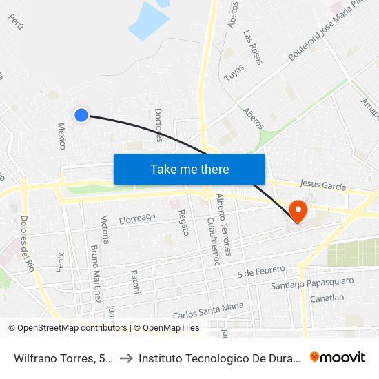 Wilfrano Torres, 516 to Instituto Tecnologico De Durango map