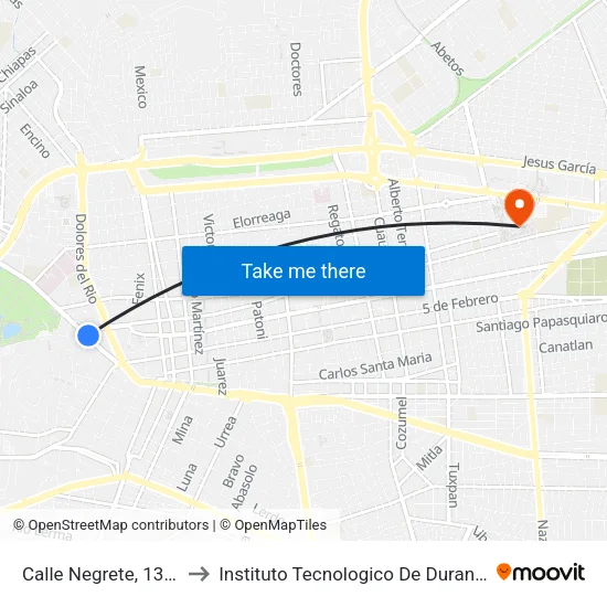 Calle Negrete, 1313 to Instituto Tecnologico De Durango map