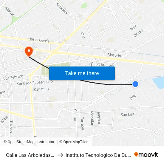 Calle Las Arboledas, 101 to Instituto Tecnologico De Durango map