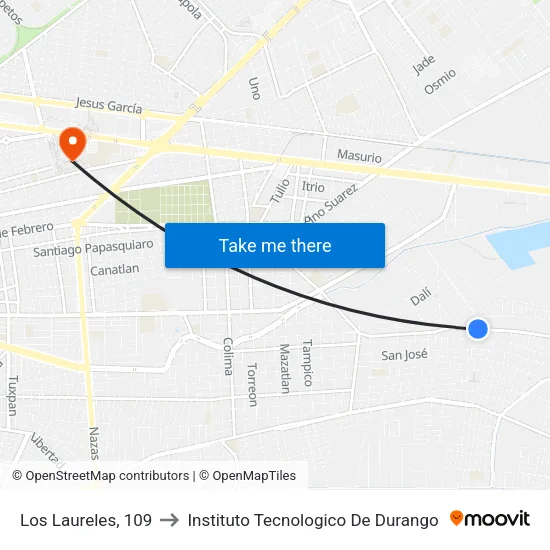 Los Laureles, 109 to Instituto Tecnologico De Durango map