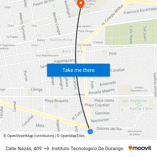Calle Nazas, 409 to Instituto Tecnologico De Durango map