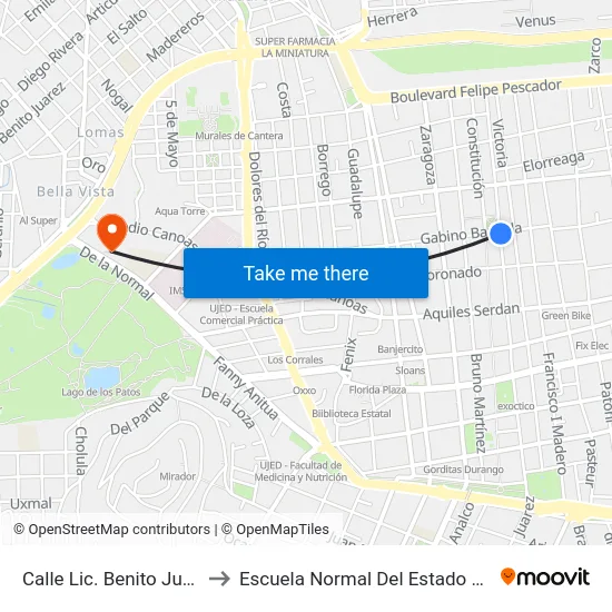 Calle Lic. Benito Juárez 284 to Escuela Normal Del Estado De Durango map