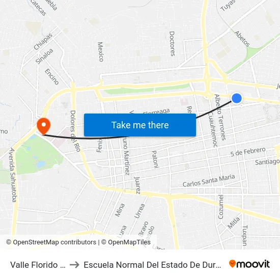 Valle Florido 86 to Escuela Normal Del Estado De Durango map