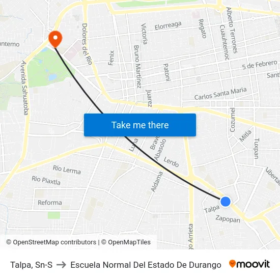 Talpa, Sn-S to Escuela Normal Del Estado De Durango map
