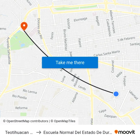Teotihuacan 128 to Escuela Normal Del Estado De Durango map