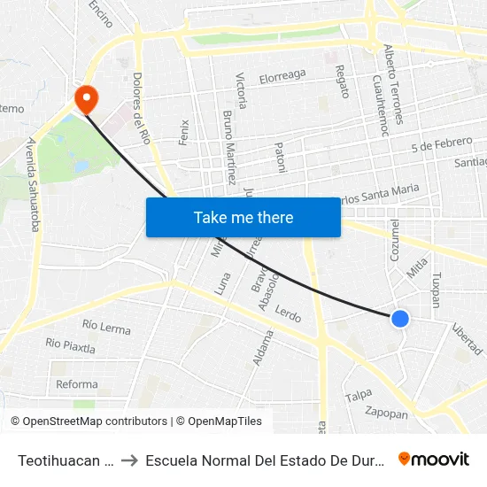 Teotihuacan 84 to Escuela Normal Del Estado De Durango map