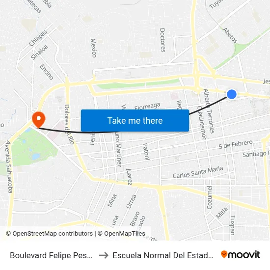 Boulevard Felipe Pescador 1304 to Escuela Normal Del Estado De Durango map