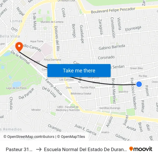 Pasteur 310b to Escuela Normal Del Estado De Durango map