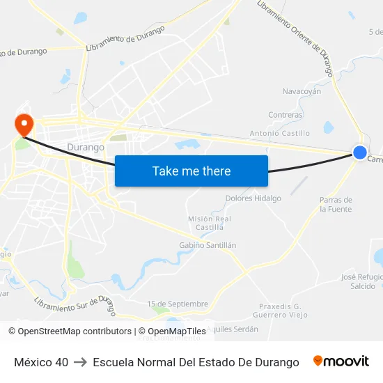 México 40 to Escuela Normal Del Estado De Durango map