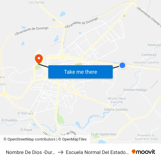 Nombre De Dios -Durango, 116 to Escuela Normal Del Estado De Durango map