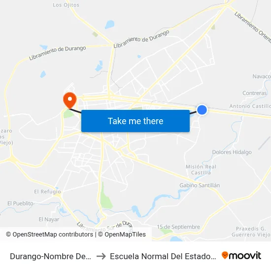 Durango-Nombre De Dios, 421 to Escuela Normal Del Estado De Durango map
