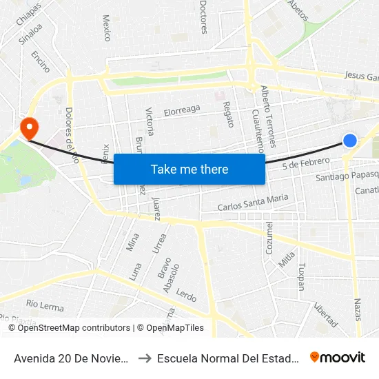 Avenida 20 De Noviembre, 1910 to Escuela Normal Del Estado De Durango map