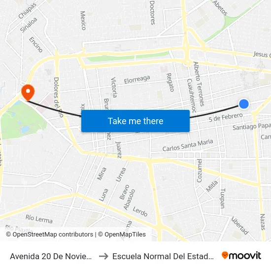 Avenida 20 De Noviembre, 1601 to Escuela Normal Del Estado De Durango map