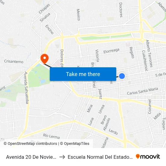 Avenida 20 De Noviembre, 216 to Escuela Normal Del Estado De Durango map