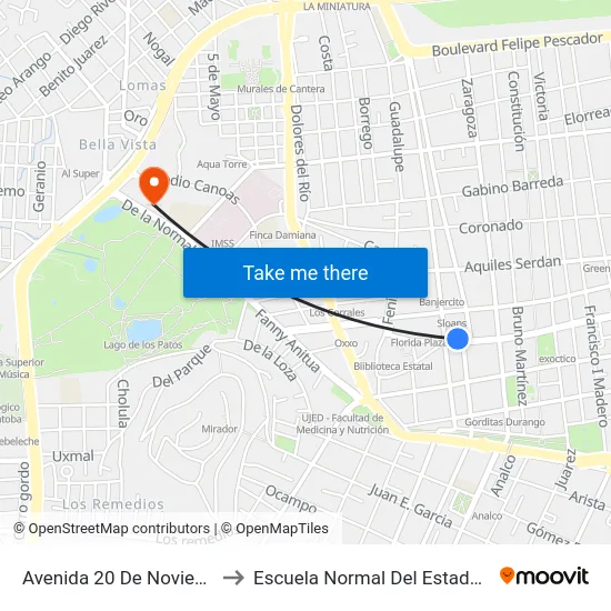 Avenida 20 De Noviembre, 1004 to Escuela Normal Del Estado De Durango map