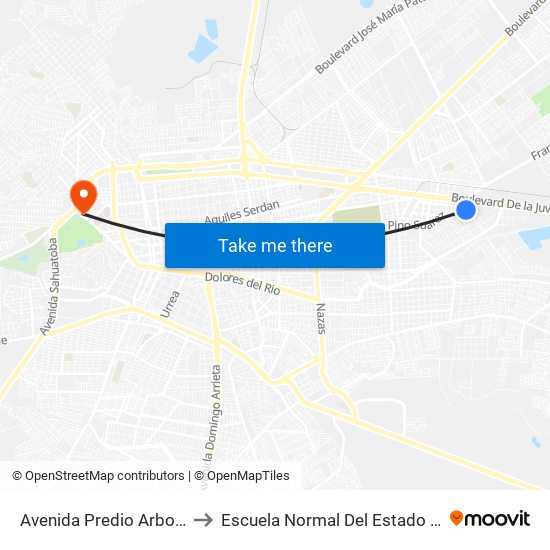 Avenida Predio Arboleda, 109 to Escuela Normal Del Estado De Durango map