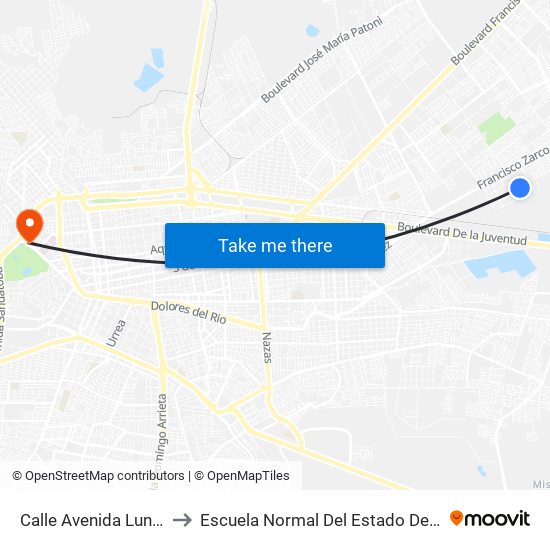 Calle Avenida Luna, 118 to Escuela Normal Del Estado De Durango map