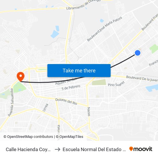 Calle Hacienda Coyotes, 319 to Escuela Normal Del Estado De Durango map