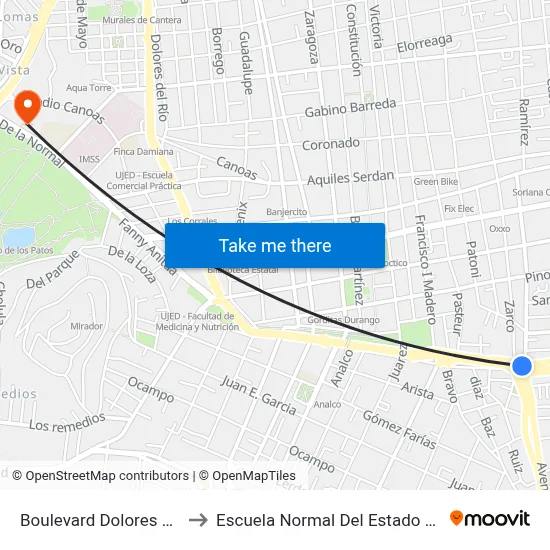 Boulevard Dolores Del Río, 2 to Escuela Normal Del Estado De Durango map