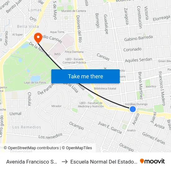 Avenida Francisco Sarabia, 725 to Escuela Normal Del Estado De Durango map