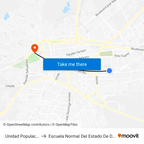 Unidad Popular, 504 to Escuela Normal Del Estado De Durango map
