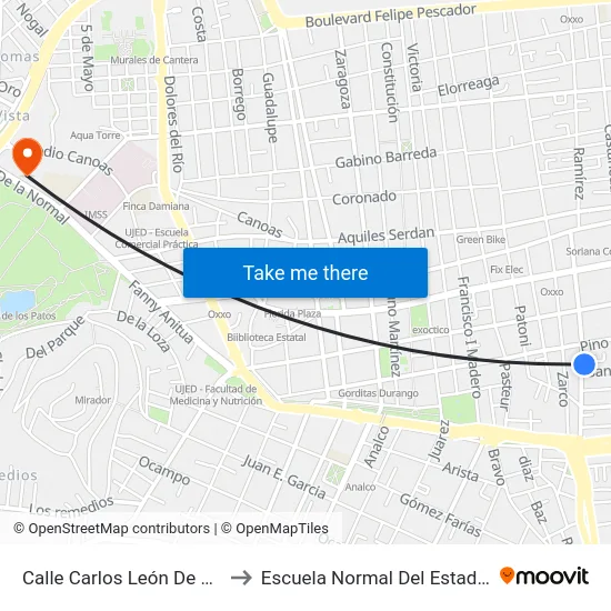 Calle Carlos León De La Peńa, 502 to Escuela Normal Del Estado De Durango map