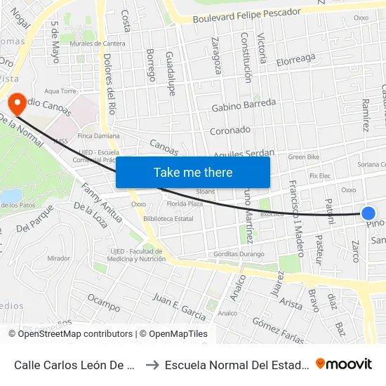 Calle Carlos León De La Peńa, 409 to Escuela Normal Del Estado De Durango map