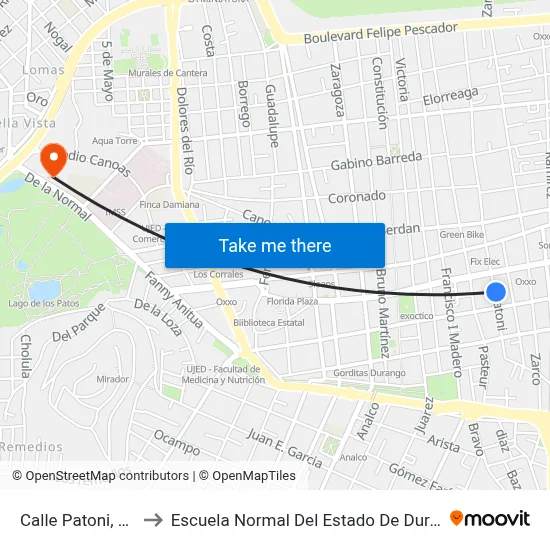 Calle Patoni, 315 to Escuela Normal Del Estado De Durango map