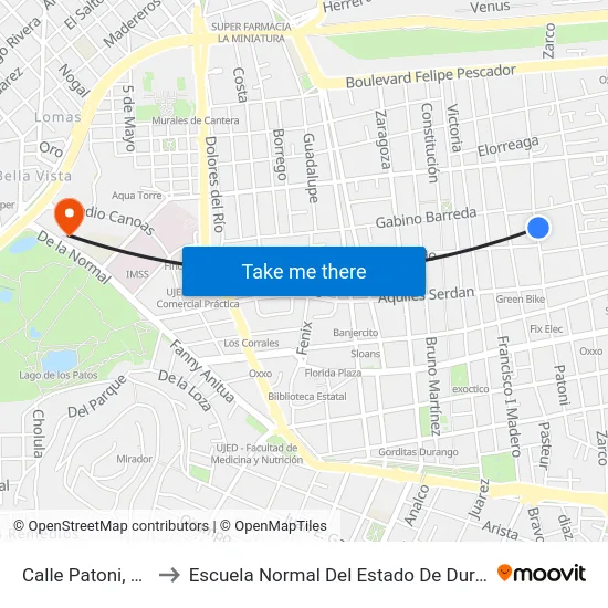 Calle Patoni, 236 to Escuela Normal Del Estado De Durango map