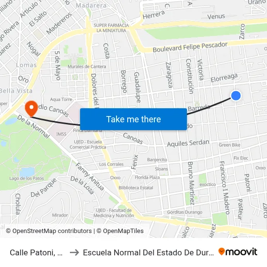 Calle Patoni, 328 to Escuela Normal Del Estado De Durango map