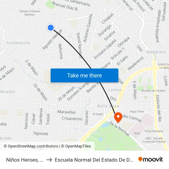 Niños Heroes, 200 to Escuela Normal Del Estado De Durango map