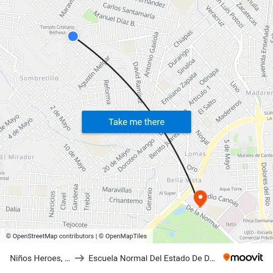 Niños Heroes, 114 to Escuela Normal Del Estado De Durango map