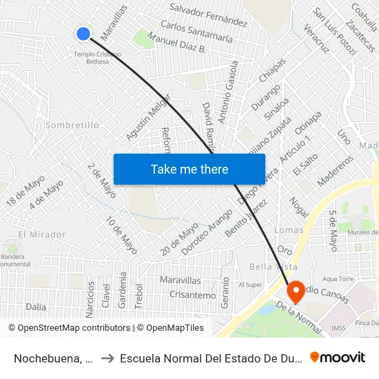Nochebuena, 301 to Escuela Normal Del Estado De Durango map