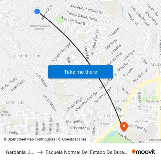 Gardenia, 302 to Escuela Normal Del Estado De Durango map
