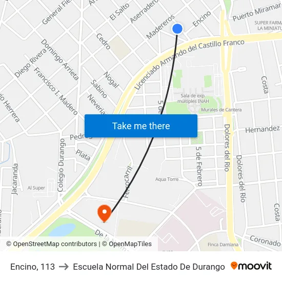Encino, 113 to Escuela Normal Del Estado De Durango map