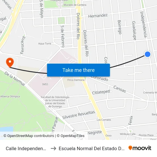 Calle Independencia, 335 to Escuela Normal Del Estado De Durango map