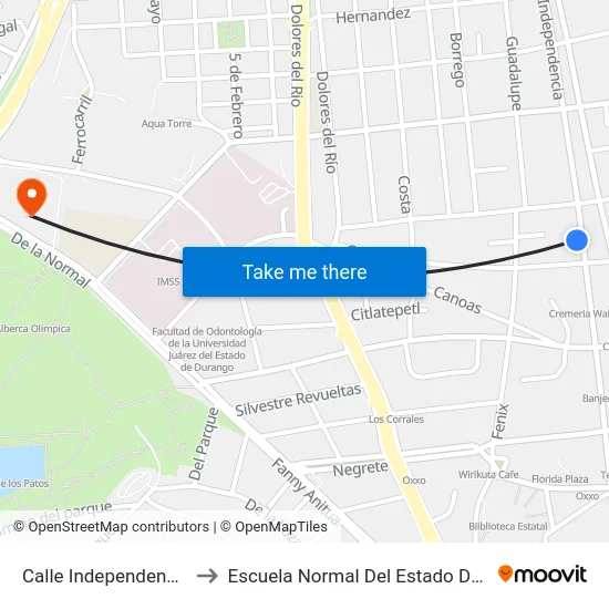 Calle Independencia, 214 to Escuela Normal Del Estado De Durango map