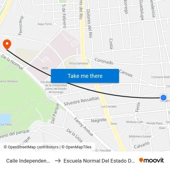 Calle Independencia, 126 to Escuela Normal Del Estado De Durango map