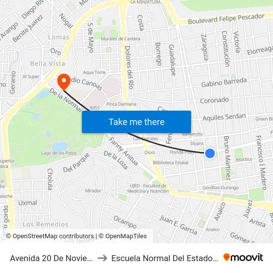 Avenida 20 De Noviembre, 907 to Escuela Normal Del Estado De Durango map