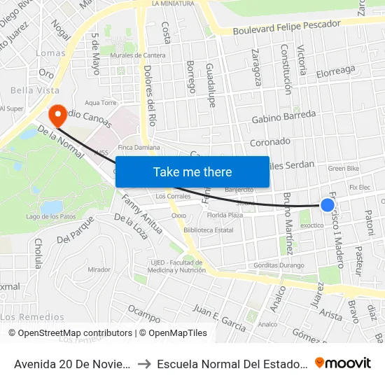 Avenida 20 De Noviembre, 403 to Escuela Normal Del Estado De Durango map