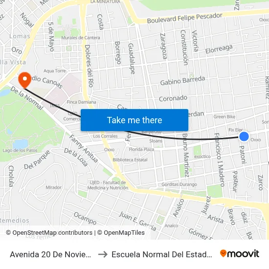 Avenida 20 De Noviembre, 121a to Escuela Normal Del Estado De Durango map