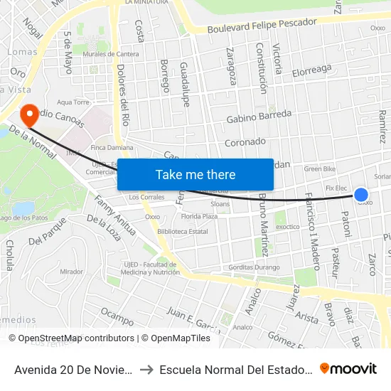 Avenida 20 De Noviembre, 107 to Escuela Normal Del Estado De Durango map