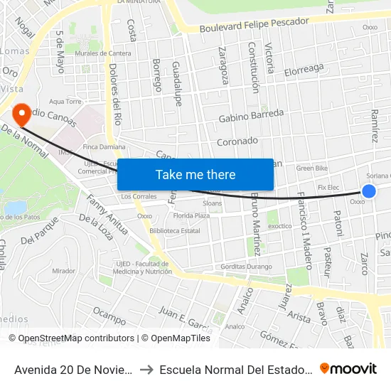 Avenida 20 De Noviembre, 112 to Escuela Normal Del Estado De Durango map